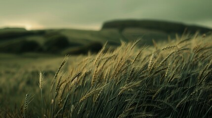 A field of wheat blowing in the wind with a sunset in the background.