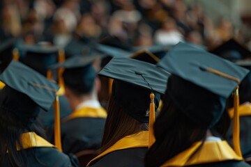 Closeup of graduation caps during the ceremony, with a blurred background showing students in chairs wearing black gowns and yellow tassels Generative AI