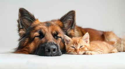 Cute dog and cat with plain background.