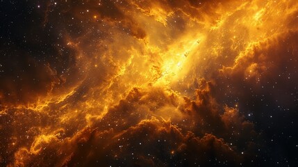 Obraz premium An abstract painting of a nebula in space with bright orange and yellow clouds and stars.