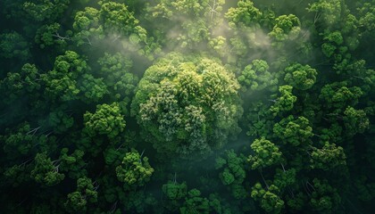 An aerial view of a lush green forest with a heart shaped clearing in the middle.