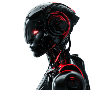 Photo of a female robot portrait on transparent background in the 3D rendering style purple and yellow colour