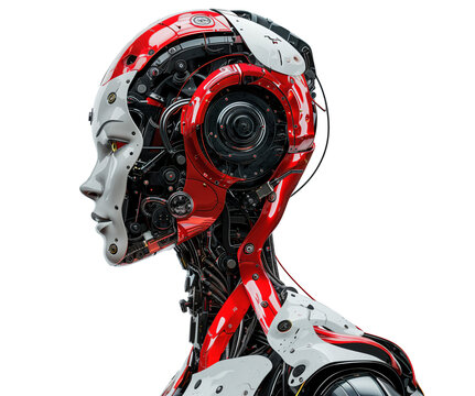Photo of a female robot portrait on transparent background in the 3D rendering style purple and yellow colour