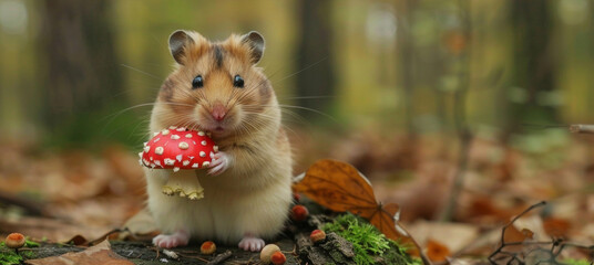 Cute hamster eating mushroom in forest