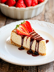 piece of cheesecake in the foreground with creamy texture and strawberries on top