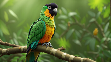 Obraz premium A bright green parrot with blue and yellow feathers