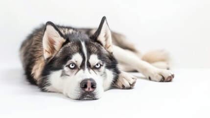 Portrait of a bored Husky dog over plain background