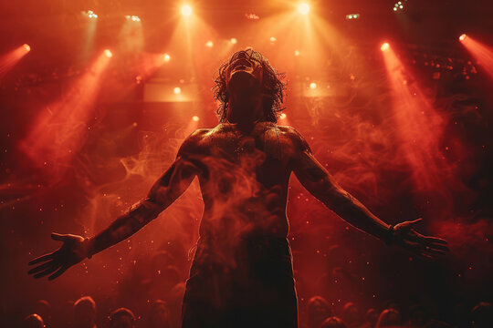 Perfomance of charismatic male singer rock star on the stage, bathed in the warm glow of spotlights