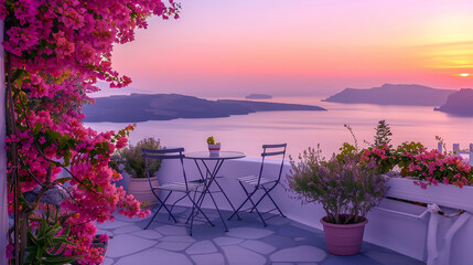 A photo of an elegant terrace in Santorini, with pink bougainvillea