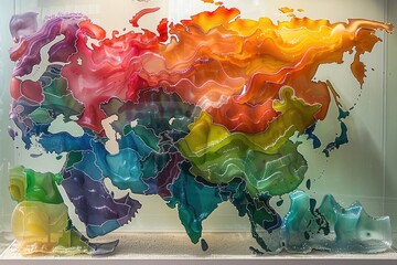 map of asia with bright colors and glass texture