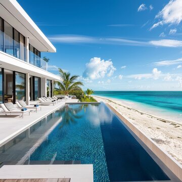 Modern beach house with infinity pool overlooking the ocean.