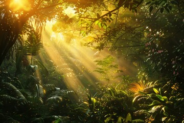 Fototapeta premium A lush forest teeming with diverse flora and fauna, bathed in golden sunlight filtering through the canopy. --ar 3:2 Job ID: 3280373d-4e68-45fa-b1b6-08c401ce8211