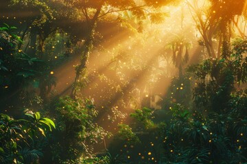 A lush forest teeming with diverse flora and fauna, bathed in golden sunlight filtering through the canopy. --ar 3:2 Job ID: a2d6efc5-4a4f-48d1-a381-a43462217afe