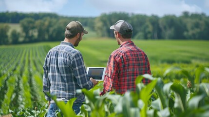 Two farmers are standing in a lush green corn field looking at a tablet.