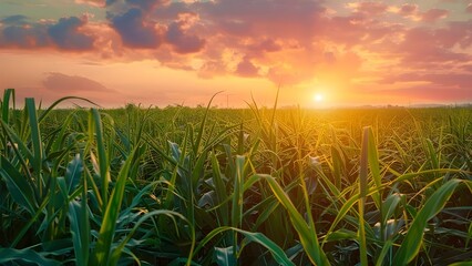 Fototapeta premium Sunset over sugarcane field: A vibrant source of energy for the food industry. Concept Agricultural Innovation, Energy Production, Sustainable Farming, Crops Harvest, Food Industry