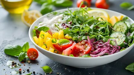 Vibrant and Nourishing Vegan Salad Bowl Recipe Ideal for a Plant-Based Lunch. Concept Vegan Recipes, Plant-Based Meals, Healthy Eating, Nourishing Bowls, Salad Ideas