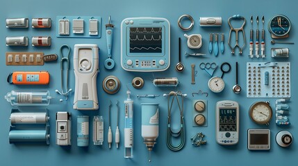 Medical Equipment and Instruments: Visuals of medical devices, diagnostic equipment, surgical tools, and wearable tech. 