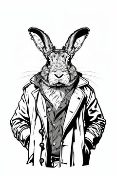 recommend clip art: Line drawing of rabbit gentleman over white background.