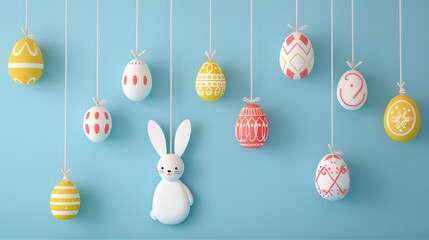 Pastel color background template for Easter holiday with bunny and eggs.