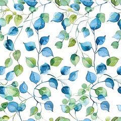 watercolor, blue green leaves and vines pattern on white background, seamless  patterns