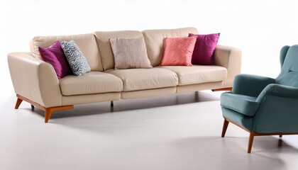 Modern living room furniture isolated on white background. Sofa, chair, table, lamp, decor, design, interior, contemporary, minimalist, elegant, cozy