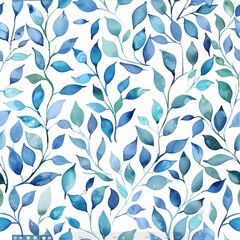 watercolor, blue green leaves and vines pattern on white background, seamless  patterns