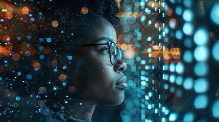 A woman with glasses looking at a blurry image of herself