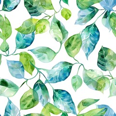watercolor, blue green leaves and vines pattern on white background, seamless  patterns