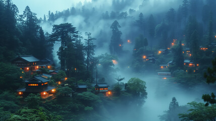 a tranquil Japanese village finds itself immersed in a sea of clouds, bestowing upon it an aura of serenity and mystique