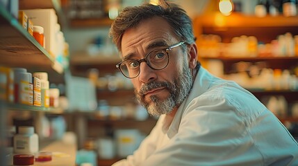 Obraz premium Pharmacist behind counter, glasses glinting, soft focus, evening light, close-up