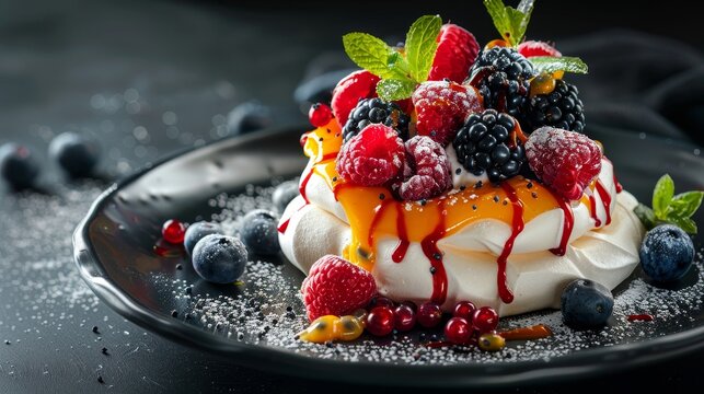 photo of pavlova with fresh berries and passion fruit sauce on a dark plate highlighted by cinematic top lighting on a black background.