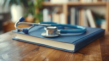 Stethoscope draped over medical textbook, soft focus, warm indoor light, close up, inviting 