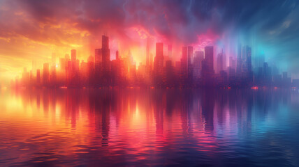 Fototapeta premium architecture of a surreal city rises, adorned with vibrant color gradients that dance across its skyline, creating a breathtaking spectacle of creativity and wonder