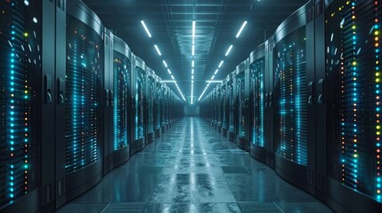 State-of-the-Art Data Center with Multiple Fully Operational Server Racks. Modern Telecommunications, Cloud Computing, AI, Databases, and Supercomputing Technology.