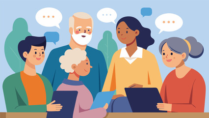 A panel discussion between generations where elders share their firsthand accounts and younger generations listen carrying on the memories of the past. Vector illustration