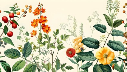 Diverse Botanical Illustration Featuring Plants, Flowers, Leaves, and Fruits in Vintage Style. Concept Botanical Illustration, Vintage Style, Plants, Flowers, Leaves, Fruits