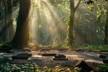 A peaceful setting with yoga mats arranged in a circle in a forest clearing, with soft morning...