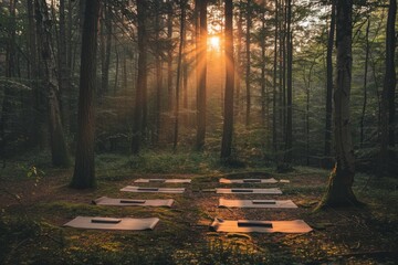 A peaceful setting with yoga mats arranged in a circle in a forest clearing, with soft morning...