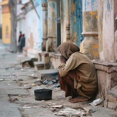 Person sitting on the sidewalk in despair - obrazy, fototapety, plakaty