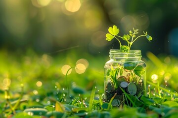 a plants growing up from a Beautiful lovely glass bottle bowl filled with coins and soil, in the grass with morning dew - Powered by Adobe
