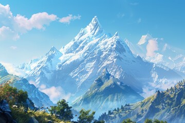 Fototapeta premium A serene mountain landscape, with snow-capped peaks rising majestically against a backdrop of clear blue skies. 