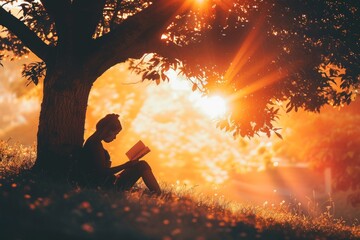 A silhouette of a person sitting under a tree, engrossed in reading a book, with rays of sunlight filtering through the leaves, highlighting the transformative power of literature