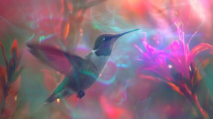 An image of a hummingbird near a flower, its rapid movement creating a colorful aura