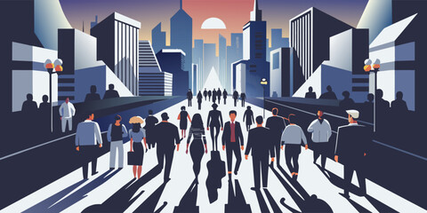Illustrated scene of a diverse group of people marching together in protest on a city street against a backdrop of skyscrapers and setting sun, conveying unity and civic engagement