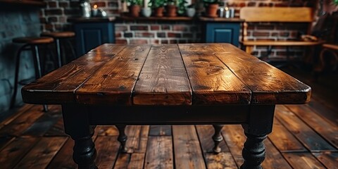 A wooden table placed on top of a wooden floor