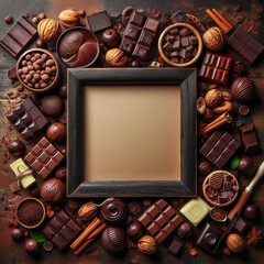 Frame made of chocolates on a rustic background