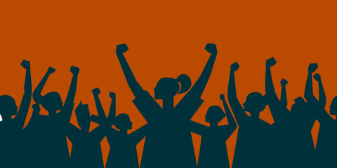 Powerful image showcasing a crowd of protesters silhouetted against an orange background, their fists raised high as a symbol of unity and resistance during a peaceful demonstration