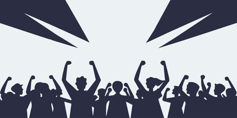 Powerful silhouette image captures a crowd of people with raised fists demonstrating solidarity and protest against a backdrop of bold, converging spotlights suggesting urgency and attention