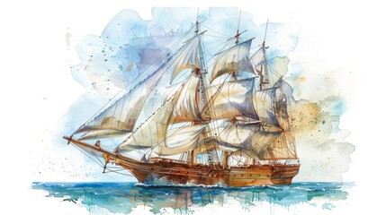 Sailing ship in sea water. Watercolor painting.