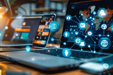 An array of modern devices displaying different social media platforms, surrounded by icons representing global connectivity --ar 3:2 Job ID: 269bdbe7-679b-4e4f-a323-e554620a2714